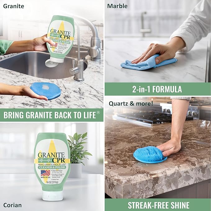 Granite CPR Cleaner & Polish Can Be Used Daily On Granite, Marble, Quartz & Corian. Leaves A Gorgeous Streak-Free Shine & Silky Smooth Finish. Cleans & Polishes All Stone Countertops In One Easy Step.
