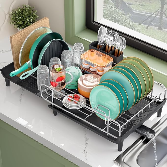 Expandable Dish Drying Rack, Foldable Dish Rack for Kitchen Counter, Stainless Steel Collapsible Dish Drainer Racks with Cutlery Holder, Black