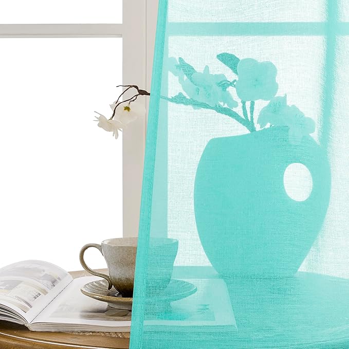Tollpiz Sheer Door Curtains Closet Linen Textured Curtains Sheer Doorway Light Filtering Voile Rod French Door Pocket Curtain Patio Door, 25 x 72 inches Long, Aqua Blue, Set of 1 Panel