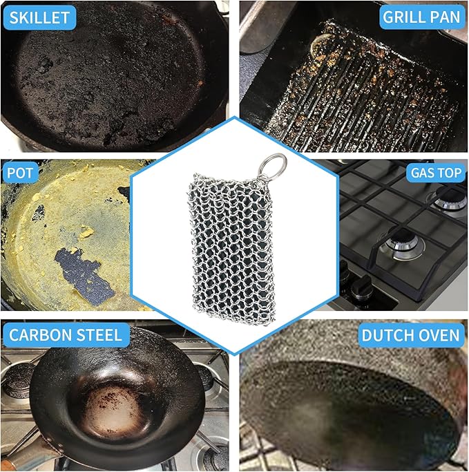Herda Chain Mail Cast Iron Cleaner Scrubber,316 Chainmail Pan Scrubber Metal Cleaning Brush, Pad, Sponge Scraper to Clean Skillet,Dutch Oven, Wok,Grill Griddle,Chain Link Scrub Brush Pot Care Kit