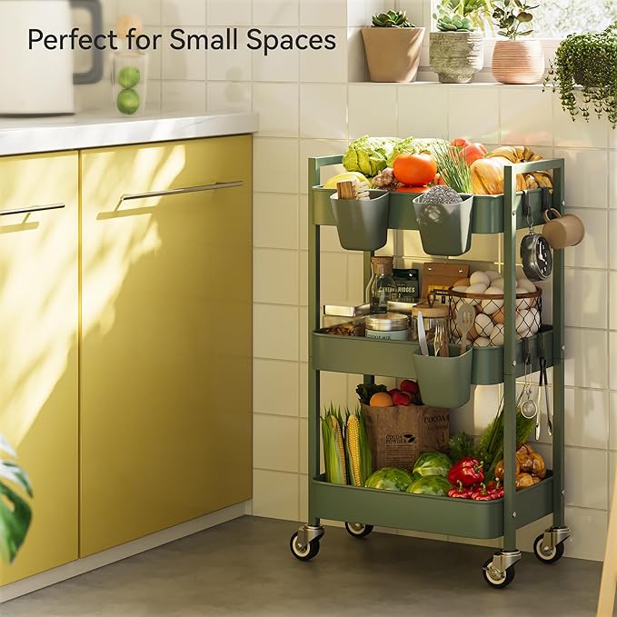 3 Tier Rolling Cart,Utility Cart with Locking Wheels, Hanging Cups,&Hooks, Heavy Duty Metal Storage Organizer Cart for Kitchen,Office, Bathroom,Craft Room,Green