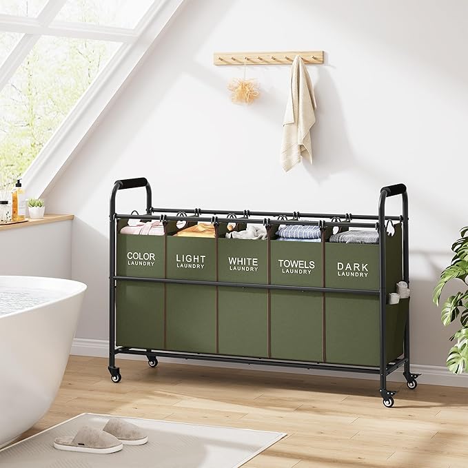 Tajsoon 5 Sections Laundry Sorter, Laundry Hamper with Heavy Duty Lockable Wheels and Removable Bags, 5 Bag Laundry Sorter Cart for Dirty Clothes Storage, Laundry Separator Hamper, Green
