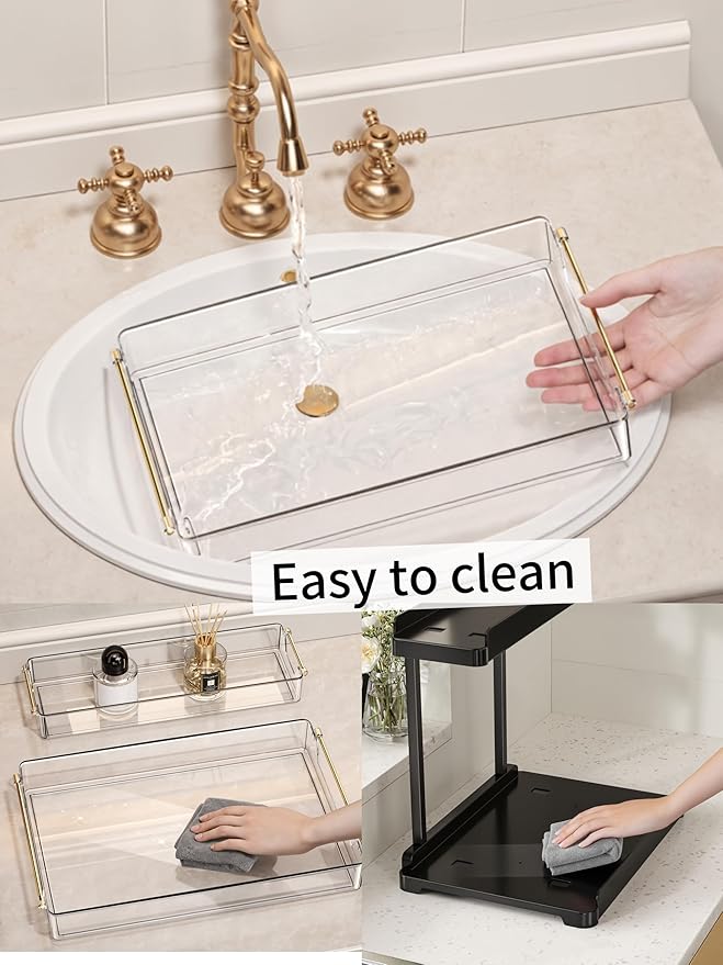 heart & home 2-Pack Under Sink Storage Organizer for Kitchen & Bathroom Cabinets with Removable Washable Tray, Tool-Free Assembly – Multi-Purpose for Vanity, Laundry & Countertop, Black
