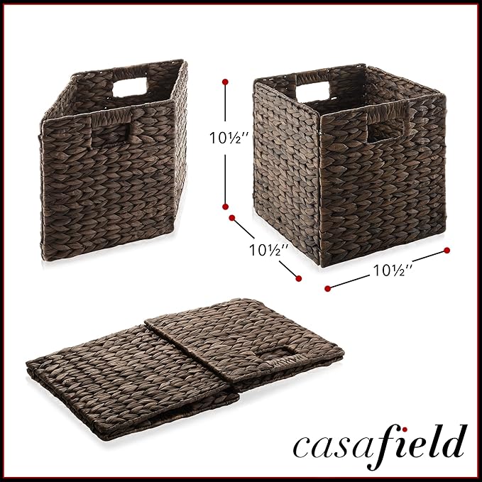 Casafield 10.5" x 10.5" Water Hyacinth Storage Baskets, Espresso - Set of 4 Collapsible Cube Organizers, Woven Bins for Bathroom, Bedroom, Laundry, Pantry, Shelves