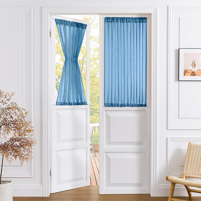 Tollpiz Short Sheer Door Curtain Closet Linen Textured Curtain Sheers Doorway Light Filtering Voile Patio Glass Door Rod Pocket Curtains French Door, 54 x 54 inches Long, Classic Blue, Set of 1 Panel