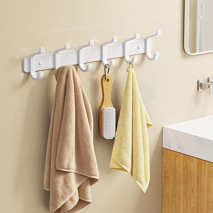 Coat Rack Wall Mounted Heavy-Duty: Metal Coat Hanger 6 Hooks for Hanging Hat, Clothes, Robe, Keys, Backpack, Bathroom Towels, Jacket, Purse - Closet, Door, Entryway, Mudroom (White, 1 Pack)