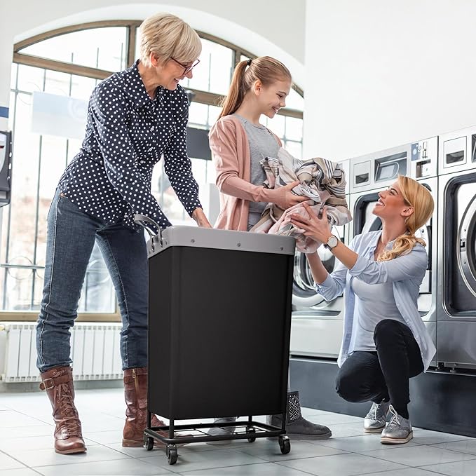 Lifewit 165L Laundry Basket with Wheels, Large Heavy Duty Commercial Rolling Laundry Hamper with Handles, Tall Steel Frame Laundry Cart for Laundry Room Bedroom Hotel Home Dorm, Black