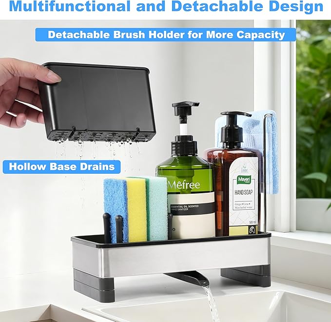 Stainless Steel Sponge Holder for Kitchen Sink Caddy Organizer Rack for Dish Brush Holder, Soap Dispenser and Wash Cloth with Rustproof Auto Drain Tray for Bathroom Countertop Storage