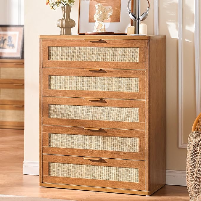 LEYAOYAO Rattan Dresser for Bedroom Set 2, 41" Tall Chest of Drawers, Modern 5 Drawers Boho Dressers with Storage, Light Oak Dresser Wooden Closet Organizer for Living Room, Hallway, Tea Brown