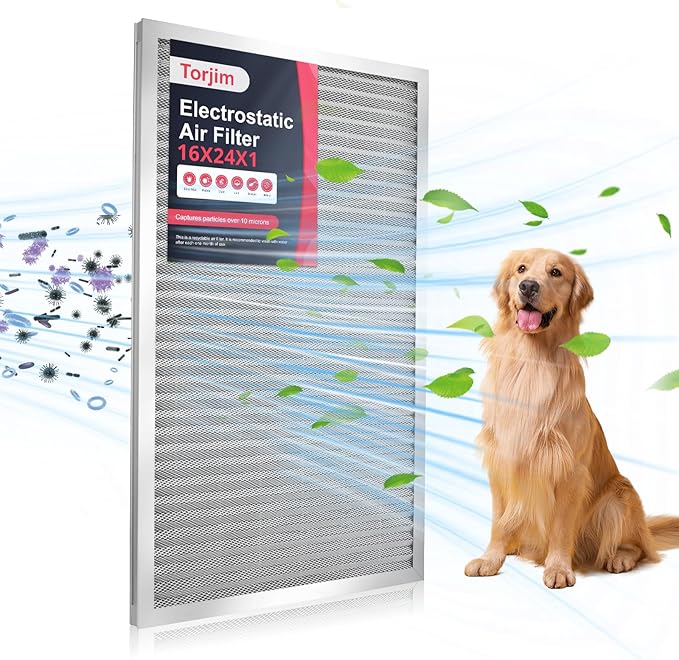 Torjim 16x24x1 MERV8 Air Filter, Washable & Reusable Electrostatic Filter, AC/HVAC Furnace Filter, Permanent Filter, Breathe Fresher, Easy Install