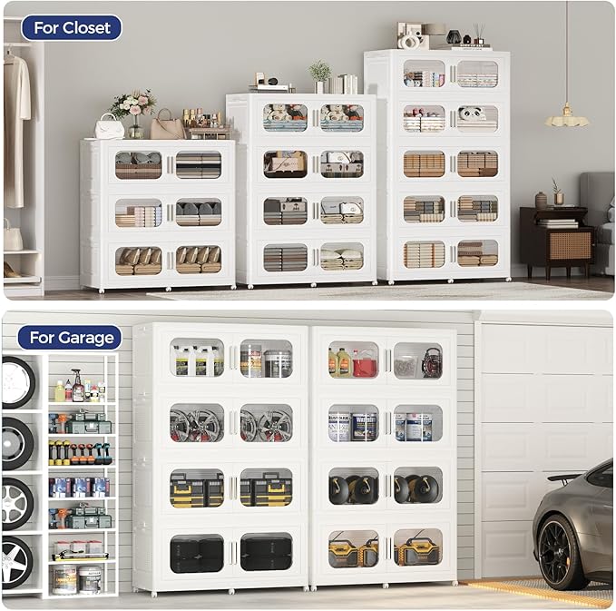 200GAL Extra Large Storage Bins with Lid, 800QT Storage Bins with Wheels, Folding Closet Organizer, Stackable Collapsible Plastic Storage Containers for Home, Office, Dorm, 4Pack White