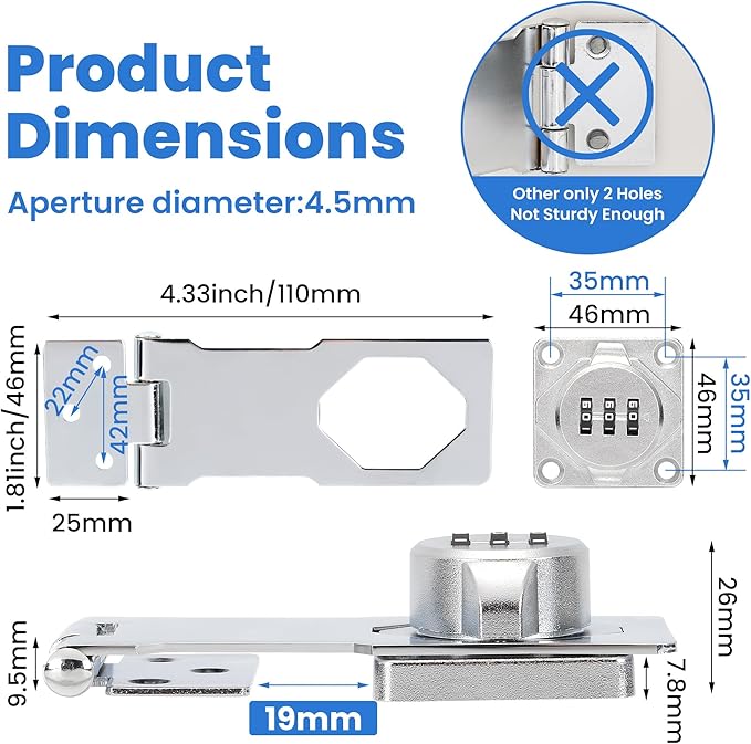 Keyless Cabinet Lock with Combination Code - 3-Digit Password Hasp Latch Lock for Drawers, Bifold Closet Door and Double Sided Door (Silver, 4.5 Inch, 2 Pack)