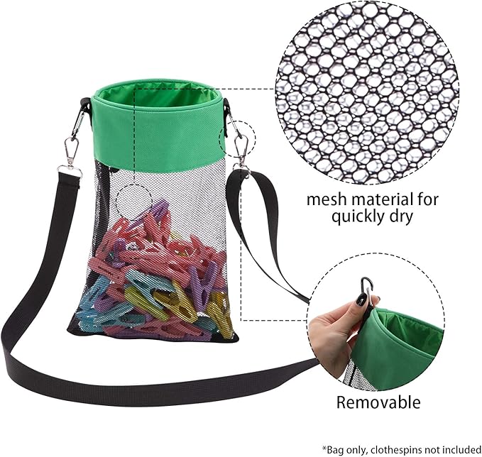Mesh Clothespin Bag with Hooks Hanging Clothes Pin Bag with Drawstring Closure Clothespin Holder, Ventilation and Moisture Resistance, Storage Organizer, Machine Washable （Green）