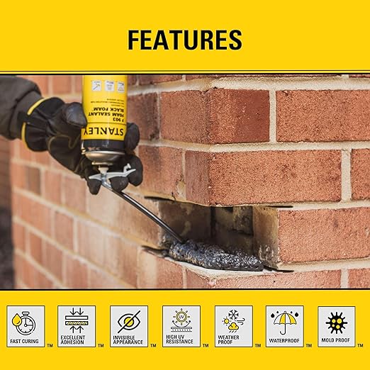 Stanley F903 Black Spray Foam Sealant (12x12oz) – Waterproof Expanding Polyurethane Foam for RV, Pond, Waterfall, Landscape & Automotive Applications – UV Resistant, Gap Filler Foam | 12 Pack