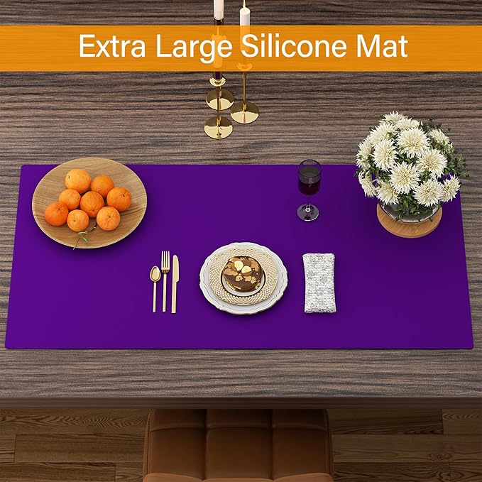 Quality Silicone Table Mat 47x24 Inch - High Heat Resistant (Lab Tested 482°F), Non-Slip Oil-Resistant Surface for Baking & DIY | Waterproof & Easy Clean (Purple)