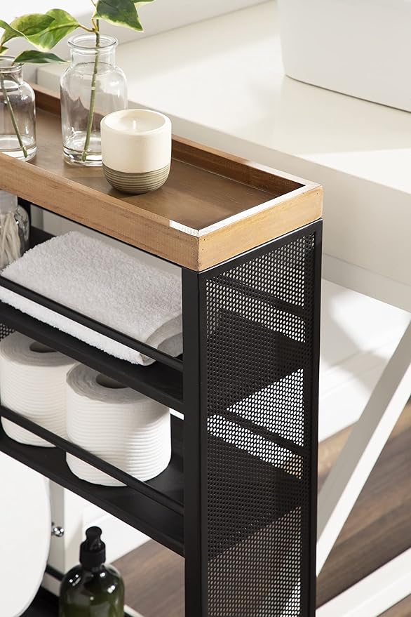 Kate and Laurel Piazza Decorative Slim Storage Cart, 18 x 7 x 30, Natural Wood and Black, Decorative Narrow Rolling Cart with Locking Wheels and Three Storage Shelves for Kitchen or Laundry Room
