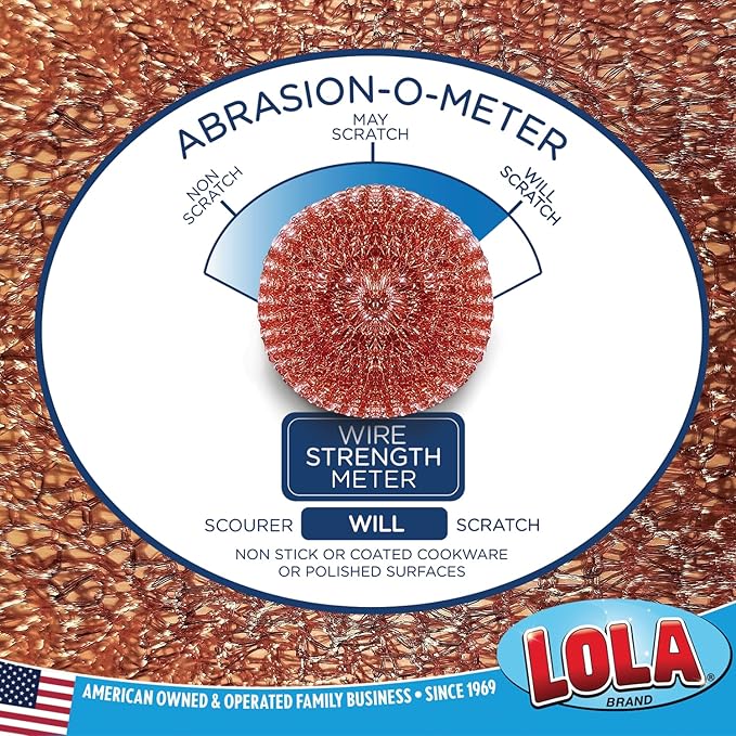 Copper Mesh Scouring Pad by LOLA, 2 Pack, 45 Grams, 4" Heavy Duty Cleaning Pads, Copper Coated Knitted Wire Mesh, Recyclable, Cleans Baked On Messes