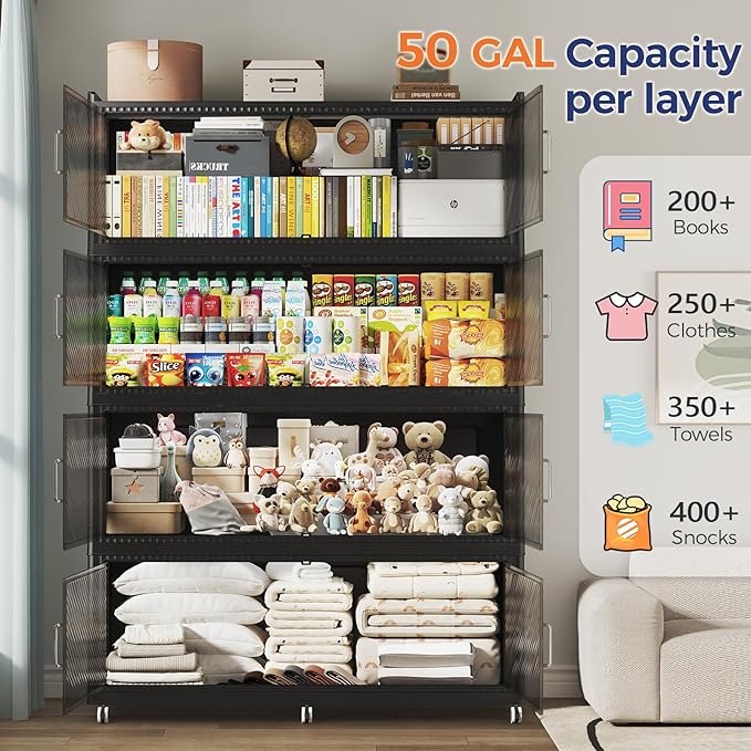 200 Gallon Extra Large Collapsible Storage Bin with Lid, 800QT Stackable Plastic Organizer with 6x Wheels, Foldable Drawer Cabinet for Closet, Living Room Office Dorm 4Pack, Black