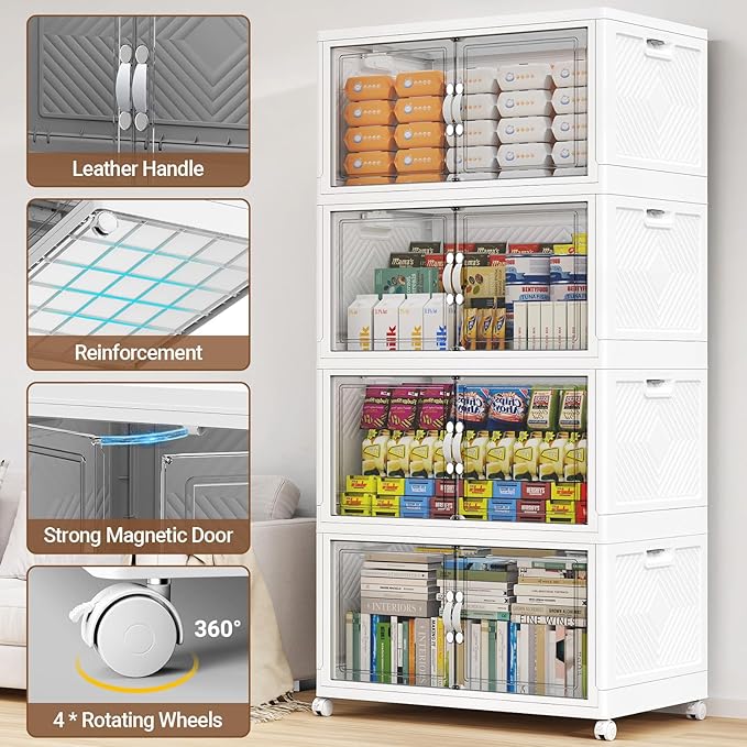 BROVIEW 300QT Extra Large Stackable Storage Bins, 75Gal Clear Plastic Closet Organizer Cabinet with Lid and Wheels, Collapsible Latch Boxes Folding Drawer with Door for Home Kitchen, V20 3Pack White