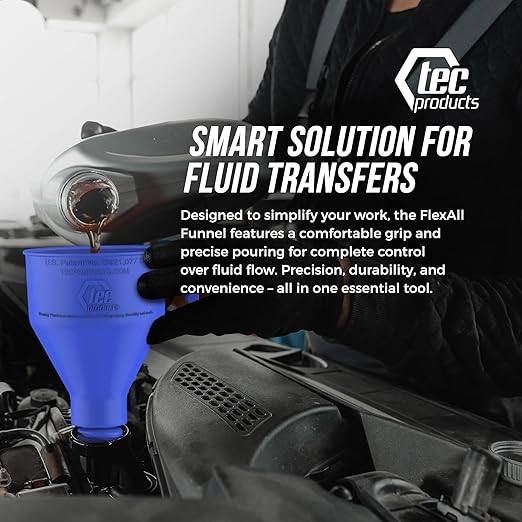 TEC Products FlexAll Long Flexible Funnel for Automotive Use - Durable Nitrile Rubber - Ideal for Car Oil Change, Transmission Funnel Fluid, Diesel, Fuel, Gas - Made in USA - Blue (12 x 4 Inches)