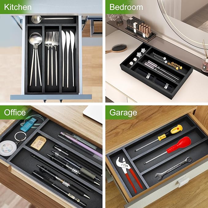 Small Wooden Silverware Organizer Tray Narrow Kitchen Drawer Dividers Utensil Organizers and Storage Black Cutlery Trays Spoon Flatware Organizer for Drawer Bamboo Cutlery Utensil Holder Tray