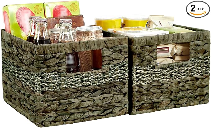 Water Hyacinth Wicker Basket, Decorative Woven Baskets with Built-in Handles, Hand-woven Storage Organizer for Organizing Pantry, Shelves, Livingroom, Bedroom, Toilet(2-PACK, Sage Green)