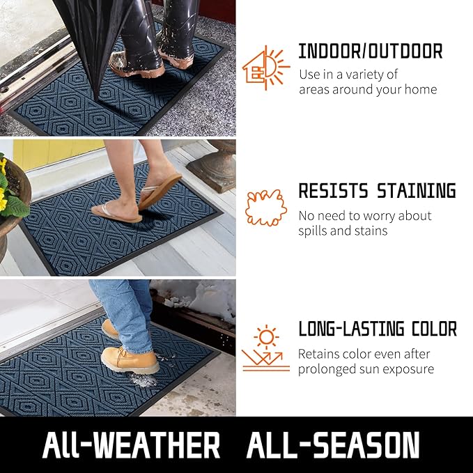 Yimobra Door Mat, Outdoor Indoor Entrance Welcome Mat, Heavy Entry Front Door Mat, Stain & Fade Resistant, Low Profile, Sturdy Rubber, Easy Clean Patio Floor Mat, Waterproof, 36 x 24, Blue