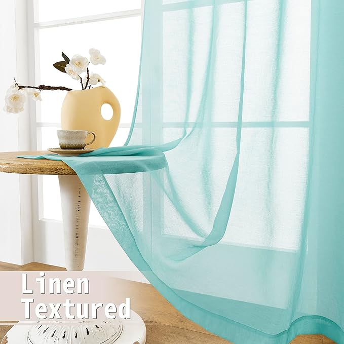 Tollpiz Sheer Curtains Closet Linen Textured Curtain Sheers Doorway Light Filtering Voile Patio Glass Door Rod Pocket Curtains French Door, 54 x 80 inches Long, Crystal Blue, Set of 1 Panel