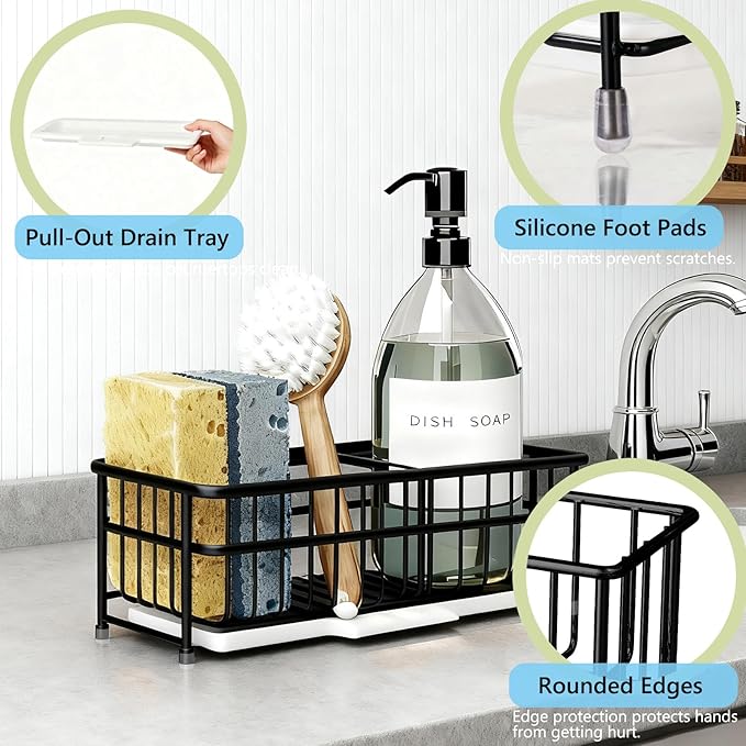 Kavciva Sink Caddy Sponge Holder,304 Stainless Steel Dish Brush Holder,Kitchen Countertop Sink Rack,Dish Soap Holder,Dishwashing Tool Drying Tray with Adjustable Partitions,Essential Kitchen Shelves