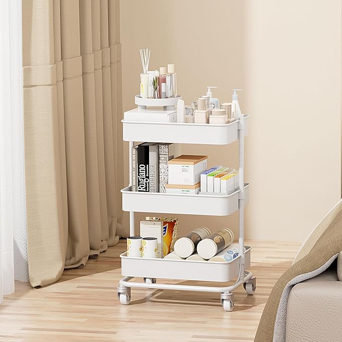 3-Tier Modern Metal Rolling Utility Cart with Silent Casters, 15.35x11.81x23.74 inch Heavy Duty Organizing Cart Trolley Organizer for Office, Living Room, Kitchen，(White)