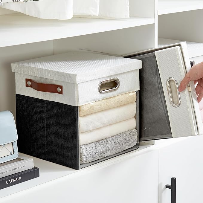 Fabric Storage Cubes with Clear Windows and Lids 11'' Foldable Storage Bins with 3 Handles, Decorative Storage Boxes for Home, Bedroom, Closet, Office (Balck & White)