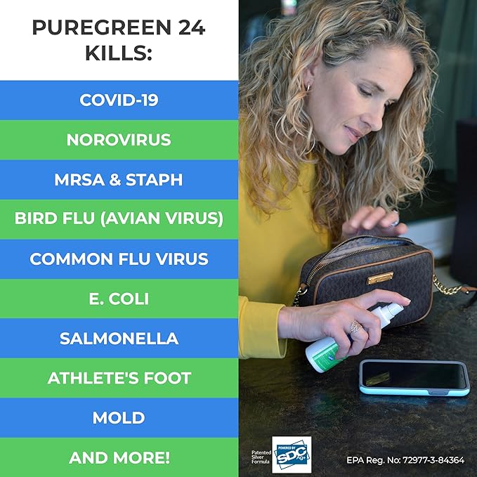 PureGreen24 Safe & Effective Disinfectant. Kills Deadly Germs including RSV COVID-19 Norovirus MRSA Staph 2025 flu Bird flu Contains no toxic chemicals odorless child & pet safe 1 4oz spray bottle