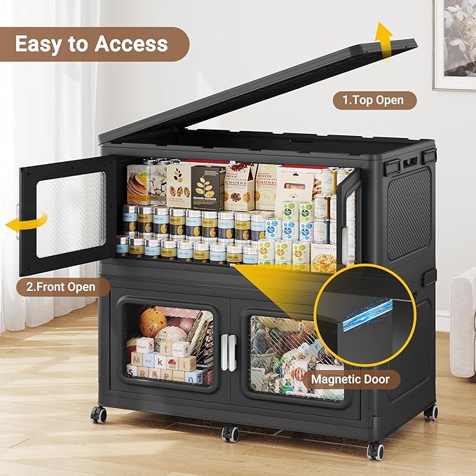 BROVIEW 900 Qt Stackable Storage Bin with Lid, 225Gal Extra Large Collapsible Storage Boxes, Folding Plastic Drawer, Heavy-Duty Store Cabinet, Closet Organizer for Home Kitchen, 3 Pack Black