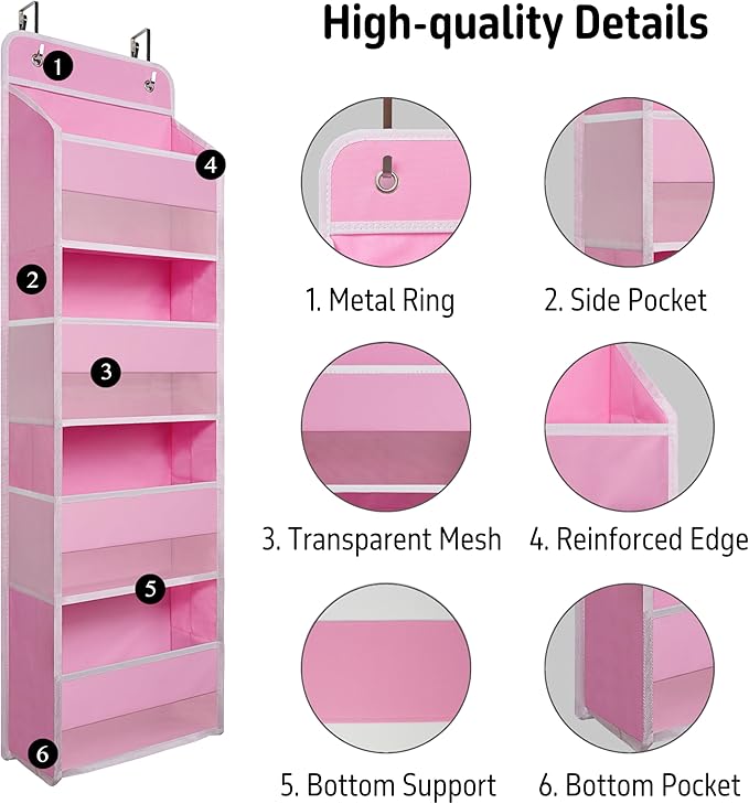 Over The Door Hanging Organizer with 4 Large Pockets – Closet, Bathroom, Nursery, Bedroom, Dorm Storage for Toys, Cosmetics, and Baby Essentials, Pink