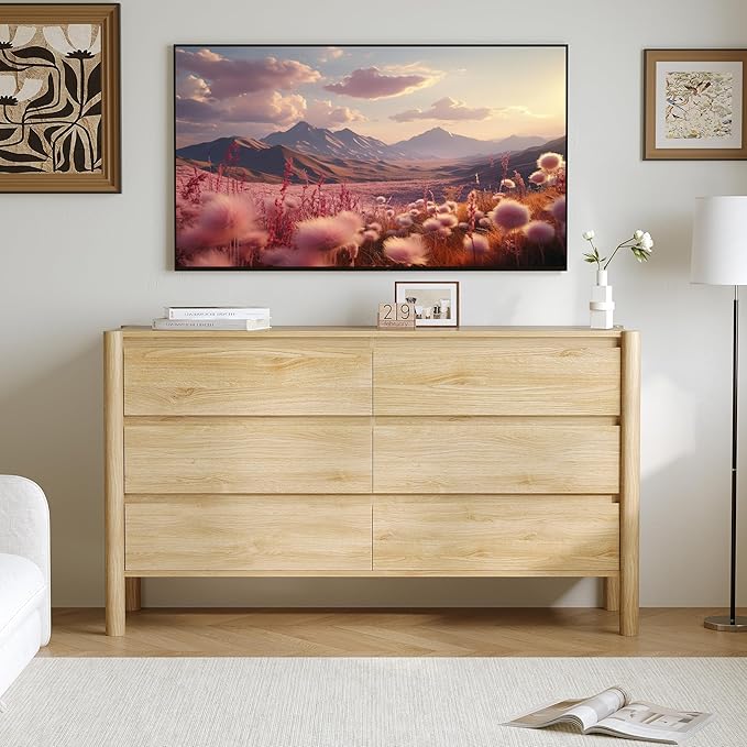 Dresser for Bedroom with 6 Drawers,47" Wide Oak Dresser with 4 Solid Wood Legs, Wooden TV Stand,Closet Clothes Organizer for Bedroom, Hallway
