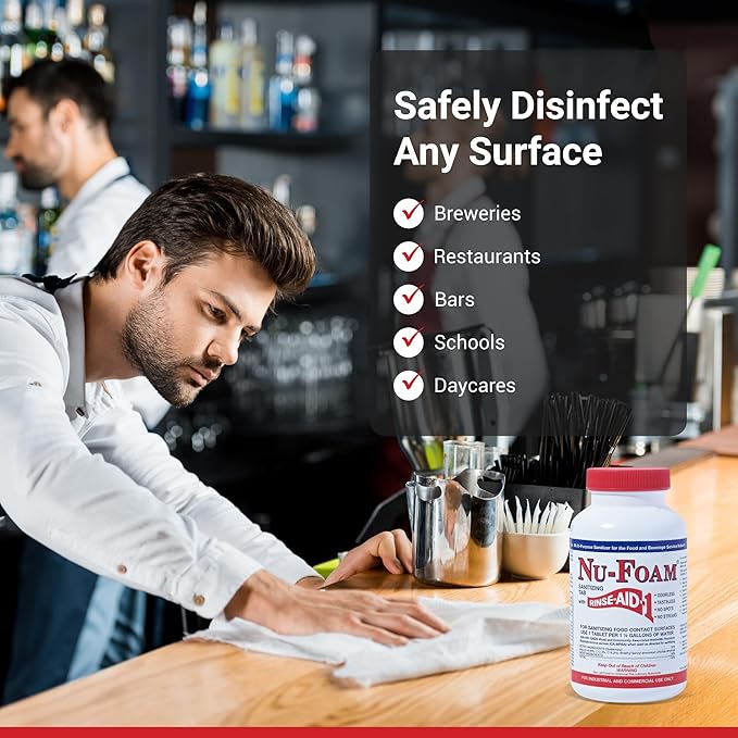 Nu-Foam Sanitizing Tablets for Bar Glassware – Superior Rinse Aid - Hand Washing Bar, Tavern, Brewery Supplies - Spotless Serving Glasses - 6 Jars 600 Tablets/ 3600 Quarts (6 Pack 600 Tablets)