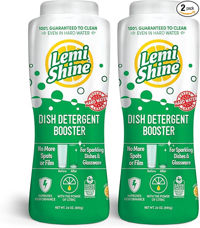 Lemi Shine Natural Dish Detergent Booster - Hard Water Stain Remover - Multi-Use Citric Acid Cleaner - 24 oz (2 Pack)
