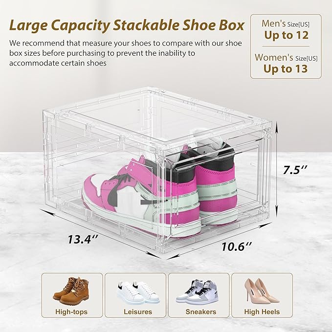 Mitees 10 Pack XX Large Thicken Sturdy Hard Plastic Clear Stackable Shoe Storage Boxes for Size 12, Sneaker Shoe Rack Containers Holders Bins Display Case Organizer for Closet, White