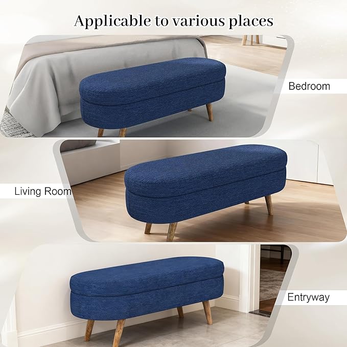 Storage Bench, 43" Storage Ottoman Bench, Shoe Storages Benches for Bedroom, Upholstered Entryway Benches with Seating, Rubber Wood Legs for Bedroom, Living Room, Entryway, Bed Side, Blue