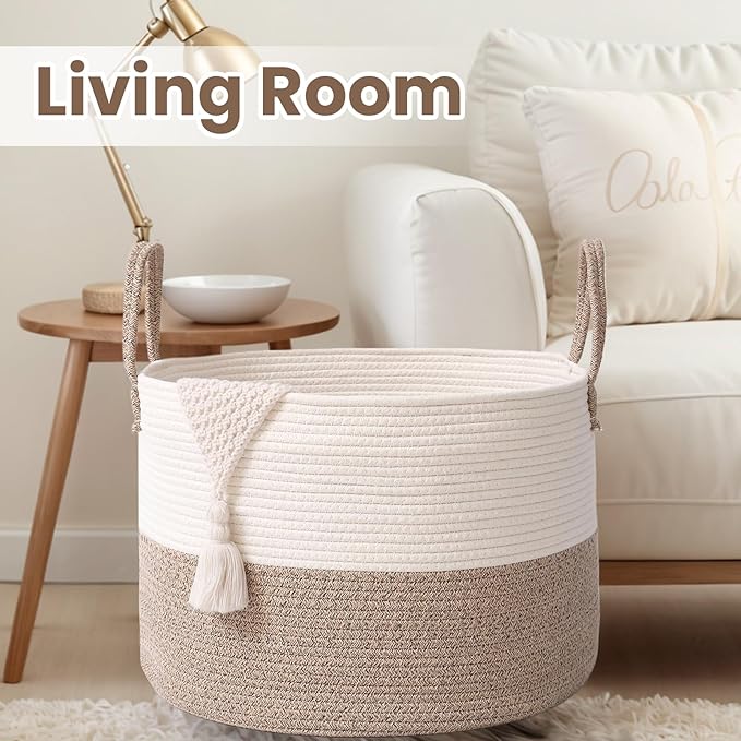 Woven Blanket Basket,65L Large Rope Storage Bin with Handles, Organizer for Blankets Toys Book and Clothes, Laundry Basket for Living Room Bedroom Nursery,White&Brown