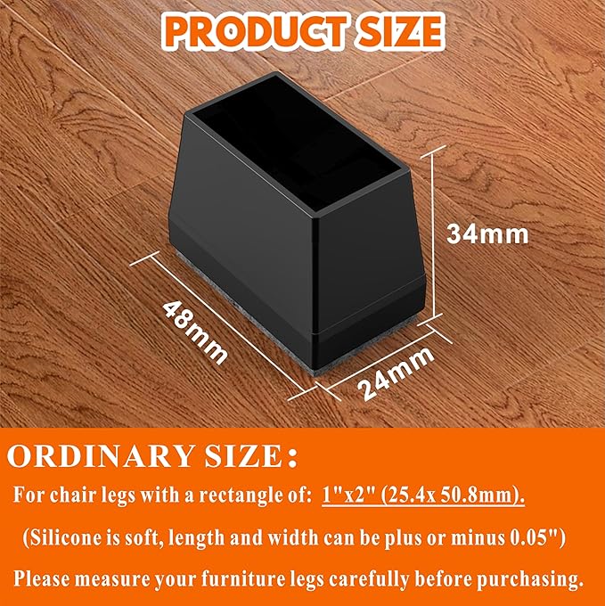 Rectangle Chair Leg Protectors for Hardwood Floors,16 PCS Silicone Covers to Protect Wood Tile Floors Felt Pads Furniture Leg Caps Reduce Noise. Easy to Move.(Black,1 x 2 Inch,Rectangle)