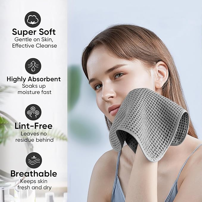 Microfiber Waffle Face Towels, 2 Pieces, Soft, Absorbent, Fast Drying, Lint Free (Gray)