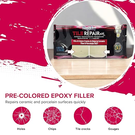 MagicEzy Tile RepairEzy (Light Gray/White Kit) - Porcelain Tile Repair Kit - Fix Cracked or Chipped Ceramic Tiles Fast - Thick Structural Repair Filler, Putty and Adhesive for Tiles