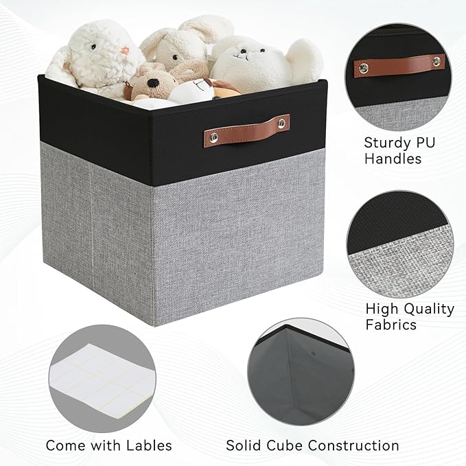 Collapsible Fabric Storage Cube Bins with 2 Reinforced PU Handles, Foldable Storage Organizer Baskets for Closet, Shelves, Living Room | 11"x11"x11", 4 Pack, Black & Gray