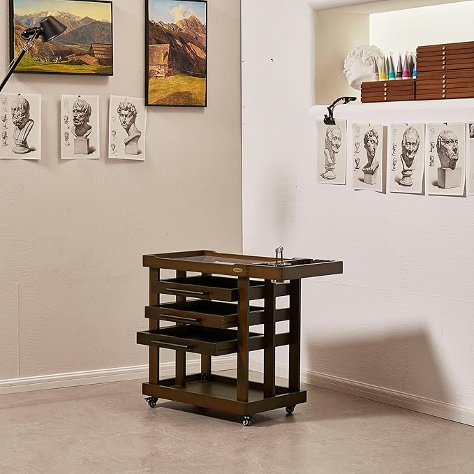 MEEDEN Art Supplies Storage Cart: 5-Tier Solid Beech Wood Utility Rolling Cart with 3 Drawers - Craft Orgnizer on 4 Wheels - Walnut Color