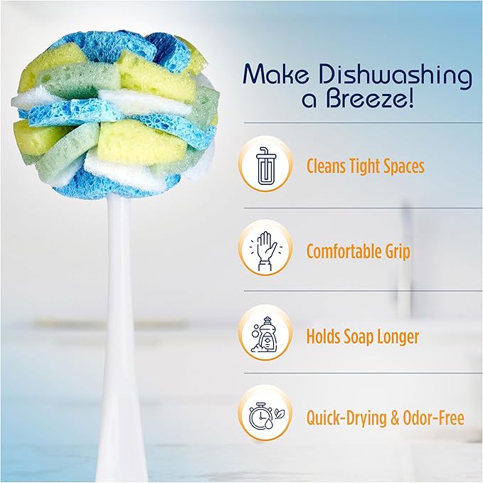Compac Home Dish SpongeWand Plus Tri Surface Scrubbing Sponge with Cello Foam Scour Sponge Petals, Cleans Dishes, Glassware 360 Scrubber Pads for Tough to Clean Pots Pans, Multi-Color, (Pack of 6)