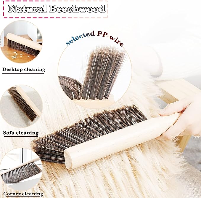 Hand Broom Beech Wood Brush,Dust Brush,Duster for Counter,12inch Foxtail Bench Brush, Round Handle Handheld Brushes,5 Rows Soft Bristles for Bed,Shop Table,Woodworking Cleaning,Car,Sofa,Furniture