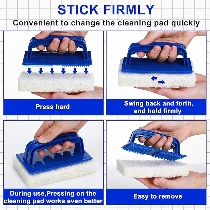 18 Pcs Handled Bath Scrubber Set, 15 Bathroom Scouring Pad 3 Bathtub Scrubber with Handle Non Scratch Soap Scum Remover for Cleaning Sink Shower Tile Swimming Pool Step and Corners(Blue and White)
