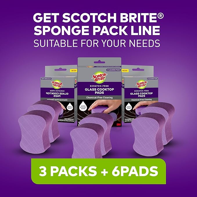 Scotch-Brite Glass Cooktop Pads, Scratch-Free & Non-Abrasive Scrubbers for Glass or Ceramic Stovetops, Cleans Burnt-On Messes with Just Water, Reusable Dishwasher-Safe Design (6 Pads)
