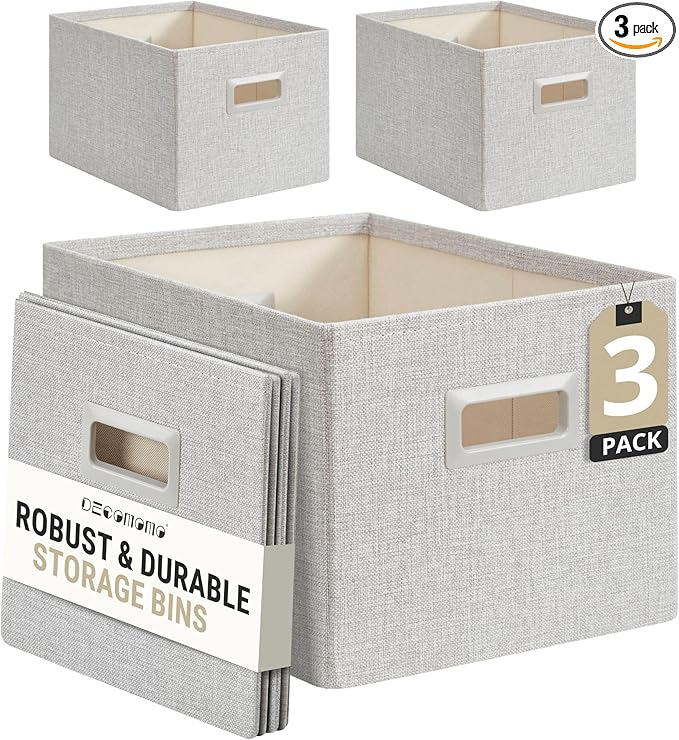 DECOMOMO Storage Bins for Shelves Robust Fabric Closet Bins for Shelves Toy Storage Clothes Books (Pack of 3 – Light Grey)